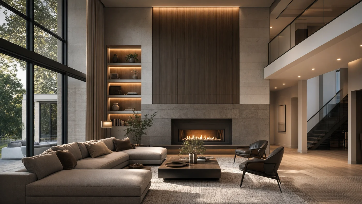Photorealistic 3-D architectural rendering of a luxury great room used for pre-construction client approval