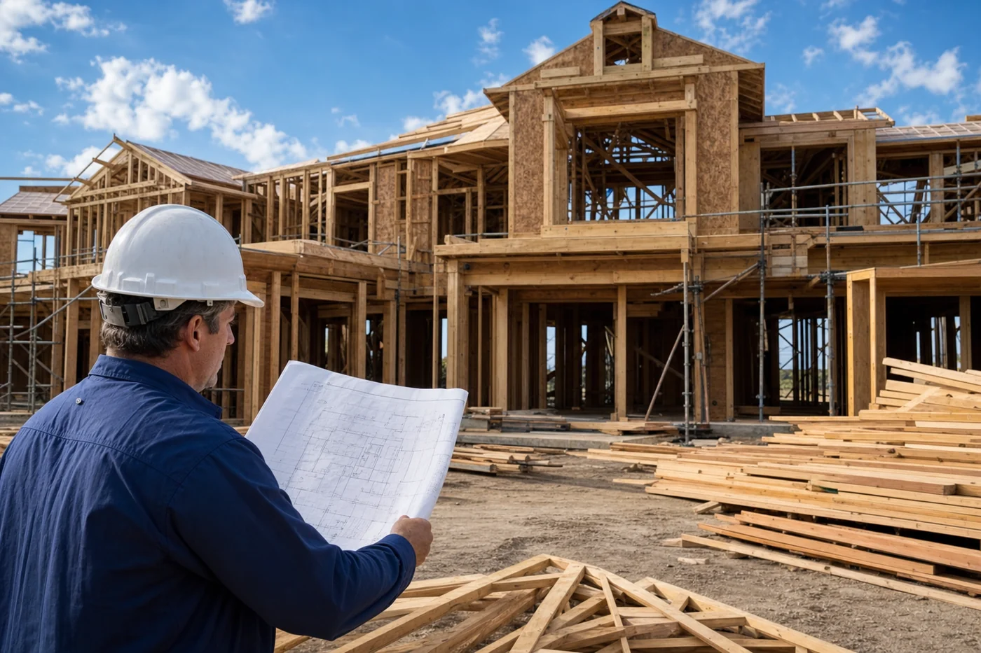 Pinnacle Builders foreman reviewing blueprints on an active luxury home construction site