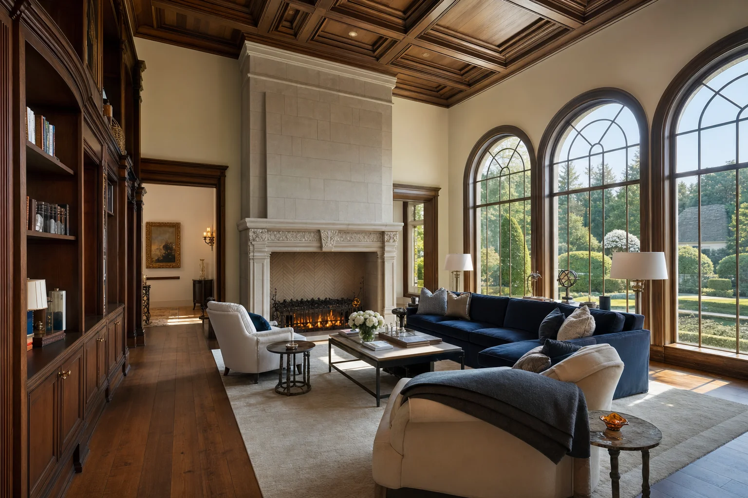Elegant great room with coffered wood ceiling, stone fireplace, and arched windows overlooking a North Shore estate garden