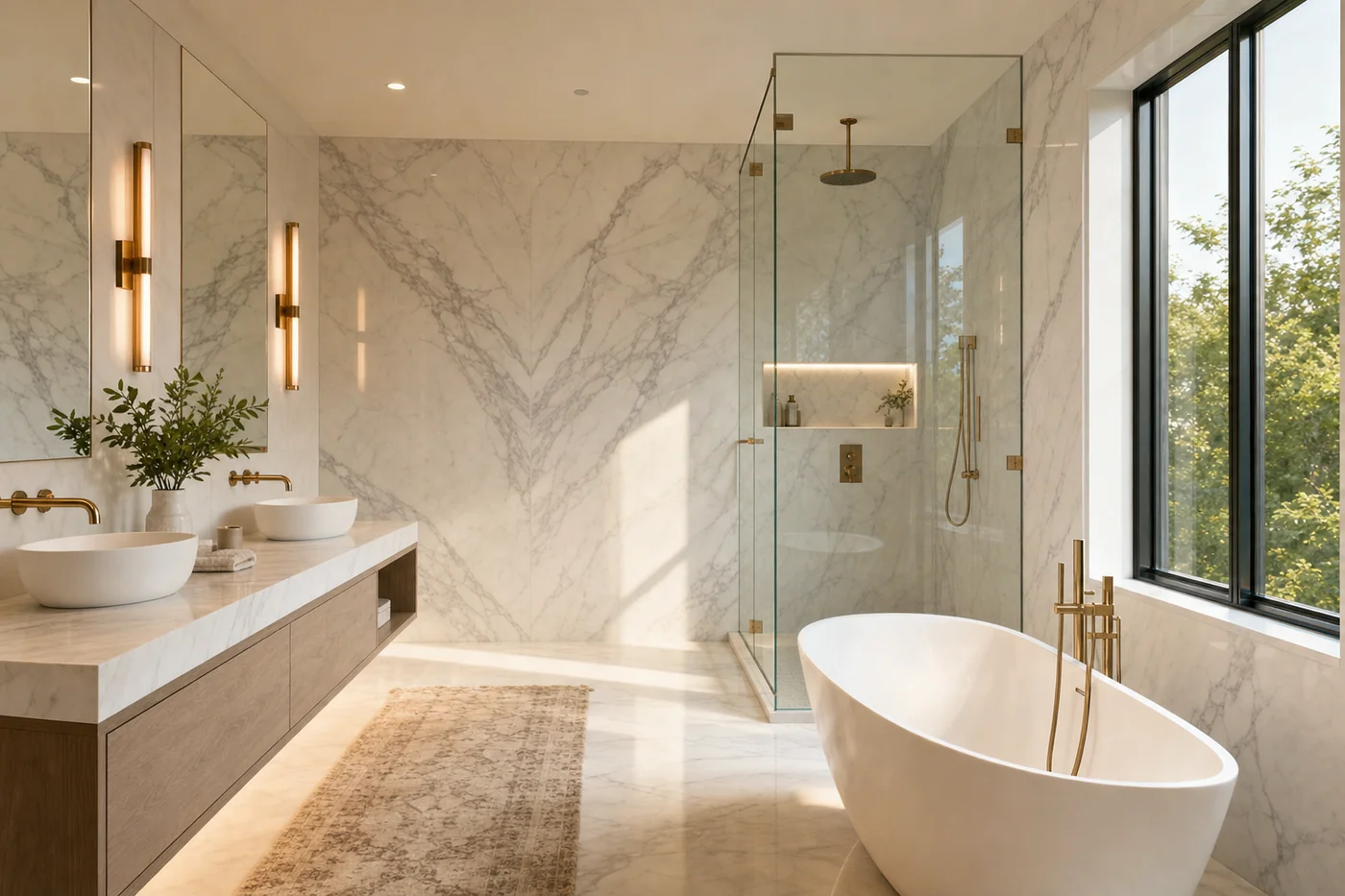 Spa-style master bathroom with freestanding soaking tub and book-matched Statuario marble walls